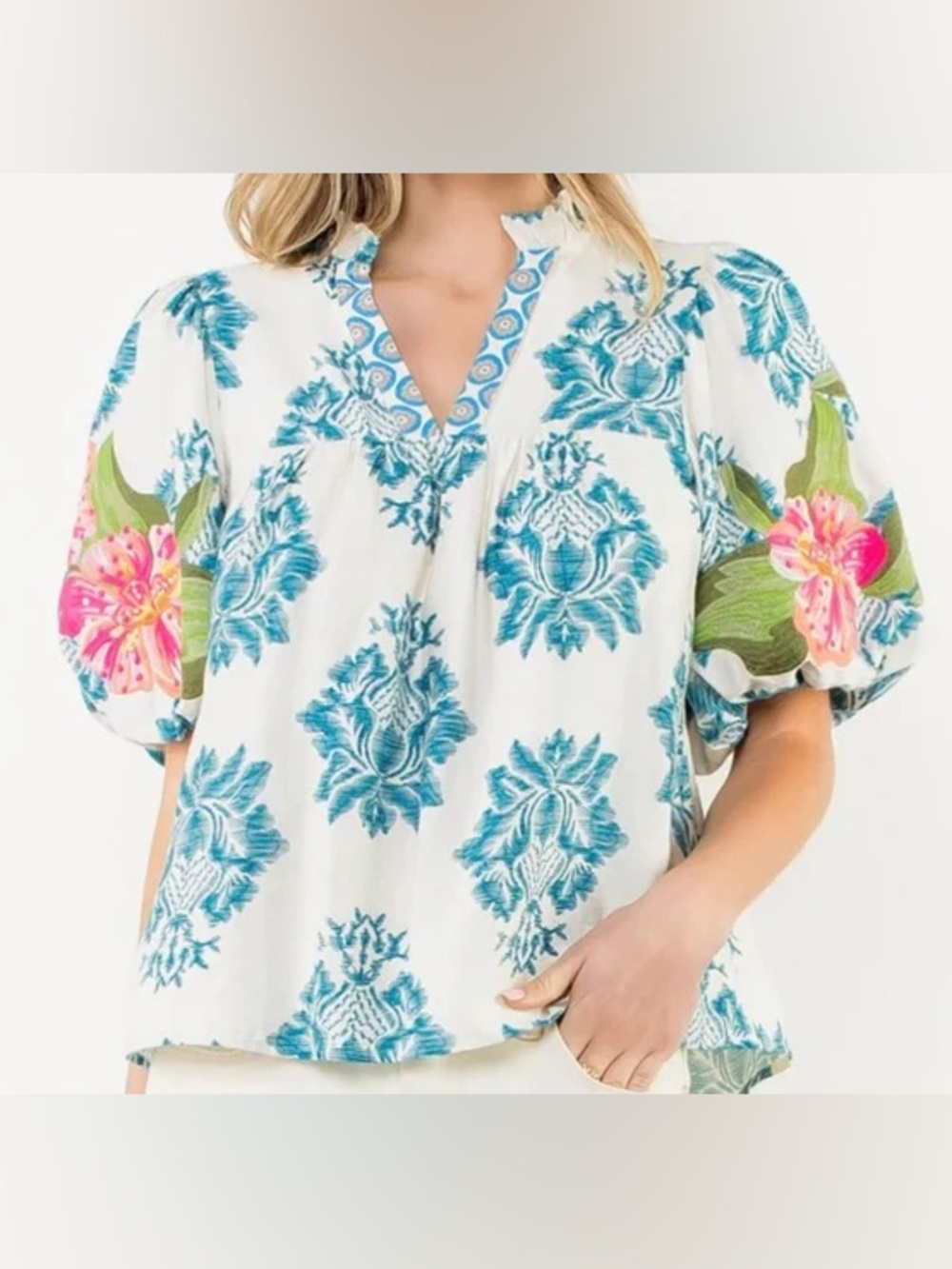 THML Embroidered Puff-Sleeve Top.